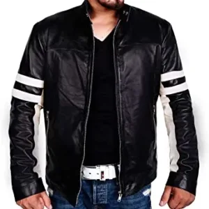Mens Black Biker Jacket With Stripes