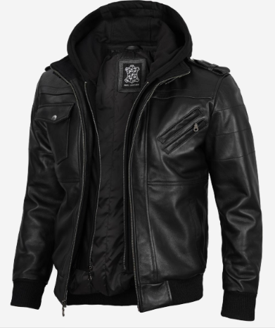 Black Leather jacket with hood_2 Black Leather jacket with hood
