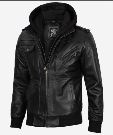 Black Leather jacket with hood_3 Black Leather jacket with hood