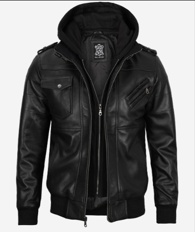 Black Leather jacket with hood_4 Black Leather jacket with hood