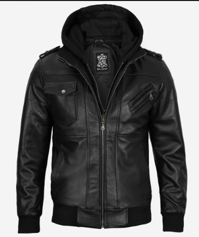 Black Leather jacket with hood_6 Black Leather jacket with hood