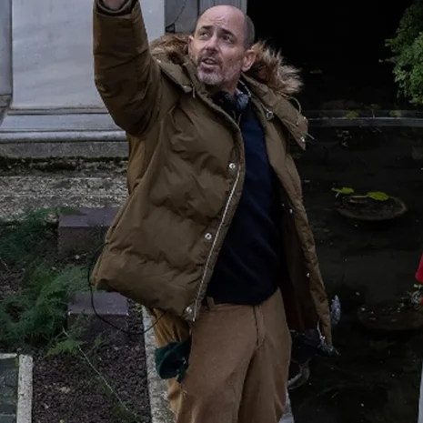 conclave 2024 stanley tucci brown parka jacket