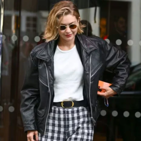 gigi hadid paris fashion week leather jacket