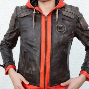Goku Orange Hood Brown Leather Jacket