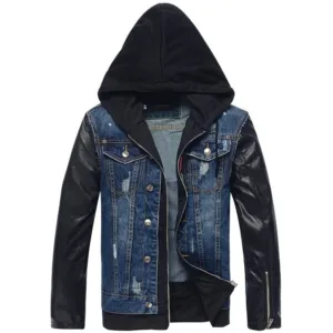 Mens Hooded Leather Denim Jacket
