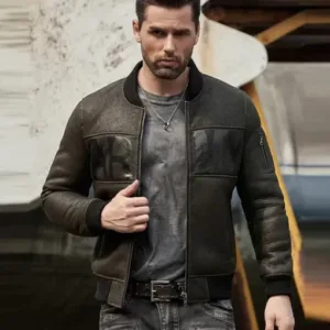 Mens Army Olive Green Leather MA-1 Bomber Jacket