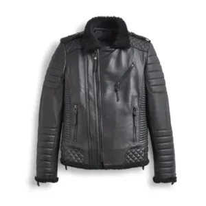 Mens Biker Padded Quilted Black Shearling Leather Jacket