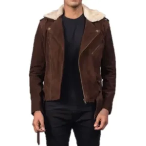 Mens Brown Shearling Asymmetrical Zipper Suede Jacket