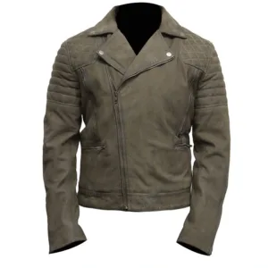 Mens Olive Gray Suede Leather Biker Jacket