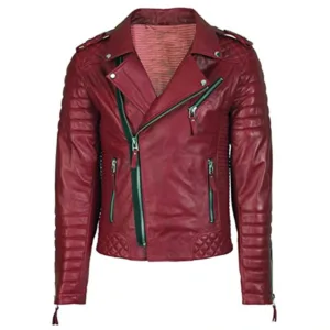 Mens Red Quilted Leather Biker Jacket