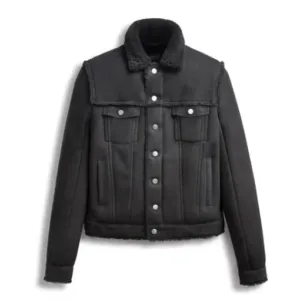 Mens Shearling Fur Black Suede Leather Trucker Jacket