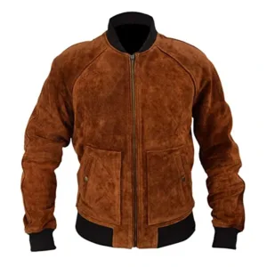 Mens Slim-Fit Brown Suede Leather Bomber Jacket