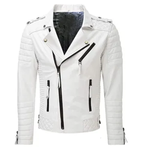 Mens White Leather Biker Jacket