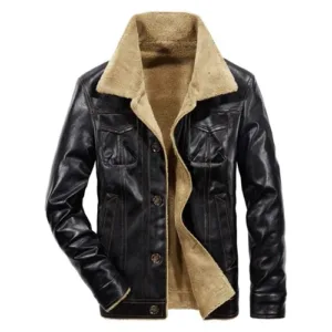 Men’s Winter Collar Single Breasted Sherpa Lined Leather Jacket
