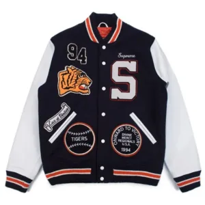 Supreme Navy Blue and White Tiger Varsity Jacket