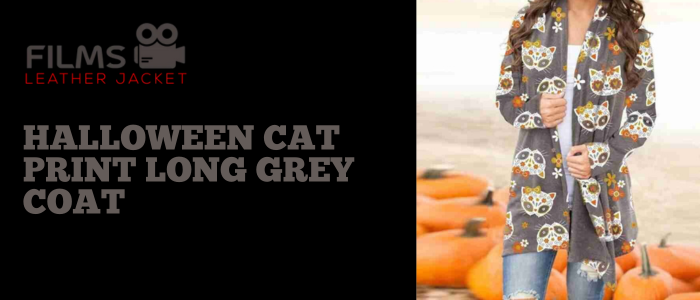 halloween cat print long grey coat