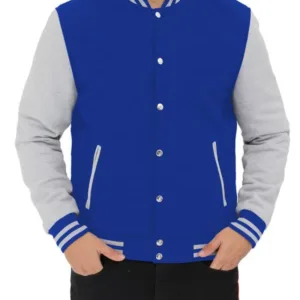 Mens Baseball Style Grey and Royal Blue Varsity Jacket